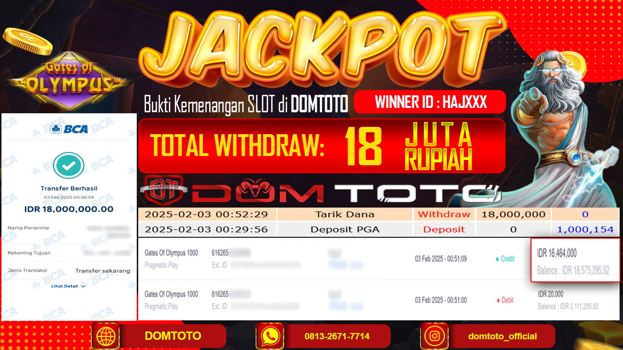 JACKPOT SLOT GATES OF OLYMPUS 1000 3 FEBRUARI 2025